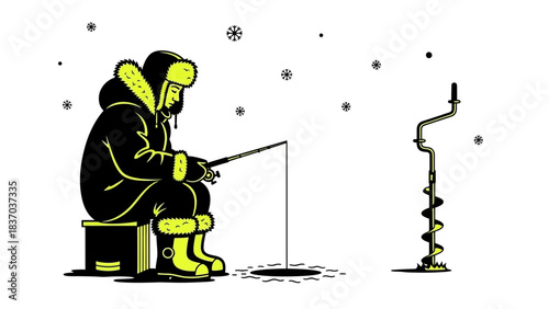 Focused angler patiently waits while ice fishing during a quiet, serene winter snowfall outdoors