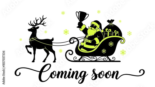 Exciting holiday announcement Santa Claus celebrates victory arriving soon with reindeer and gifts illustration