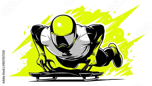 Dynamic skeleton athlete speeding down icy track with vibrant neon energy burst illustration
