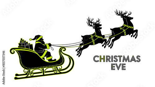 Stunning silhouette of Santa Claus flying sleigh pulled by reindeer delivering gifts on magical Christmas Eve night