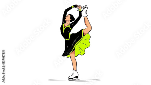 Elegant female figure skater performs a stunning vertical split jump in a vibrant black and neon green costume