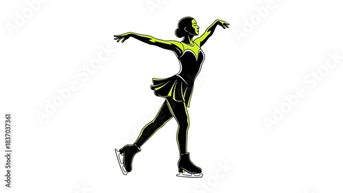 Elegant female figure skater executes a graceful pose with arms extended on the ice rink