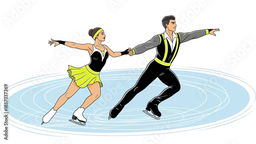 Dynamic pair figure skaters performing a synchronized routine gracefully gliding across the bright ice rink