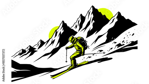 Dynamic skier carving down steep, jagged mountainside under vibrant sun in bold graphic style