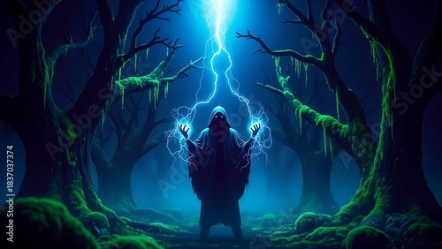 Mystical sorcerer harnesses potent blue lightning magic in an eerie, dark fantasy forest environment