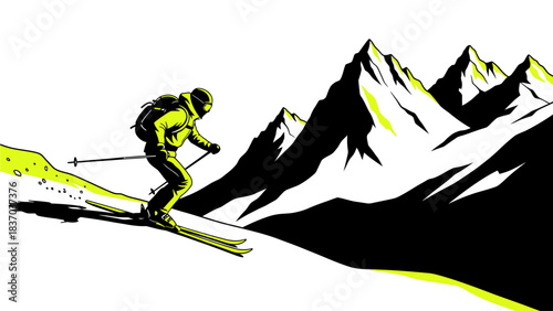 Dynamic skier carves fresh powder down dramatic black and neon green mountain peaks in thrilling downhill action