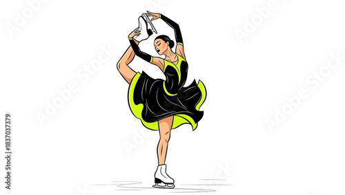 Stunning figure skater performs elegant spiral pose holding ice skate in dynamic black and neon green costume