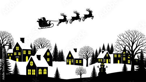 Stunning black and white silhouette of Santa's sleigh flying over a cozy, warmly lit winter village night scene