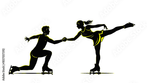 Stunning pair ice skating silhouettes executing a graceful synchronized move with neon glow accents