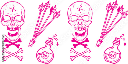 Pink skull illustration, crossed bones, poison bottle, gothic theme, danger symbol, macabre art, stylized arrows, death motif, vivid graphic, repetition