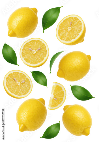 Vibrant yellow lemons (whole, halves, wedges) and deep green leaves falling against a transparent background with soft studio light and bokeh, concept for fresh citrus advertising