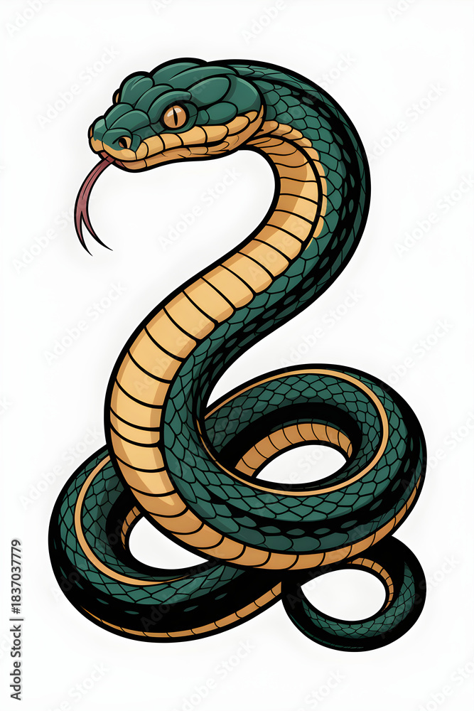 Obraz premium Coiled green snake looking forward with tongue