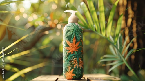 A photo of a hemp shampoo bottle with vibrant