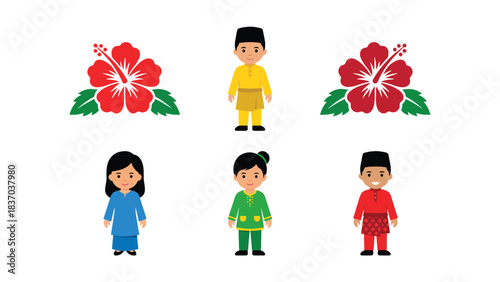 Diversity Celebration Cartoon Children in Traditional Malaysian Outfits with Hibiscus Flowers Vector Illustration