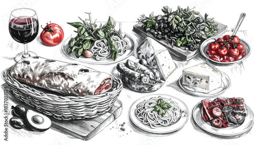 Still life cheese, bread, pasta, fruit, herbs and red wine