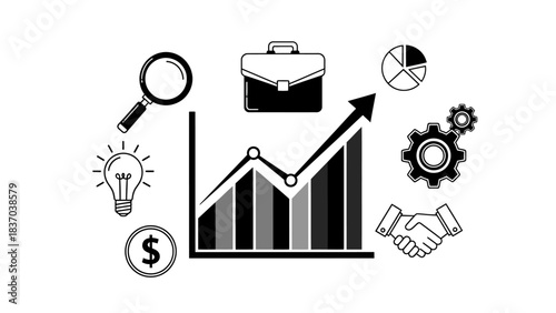 A collection of business and finance icons surrounding an upward-trending graph, symbolizing growth, strategy, and success in a professional context.