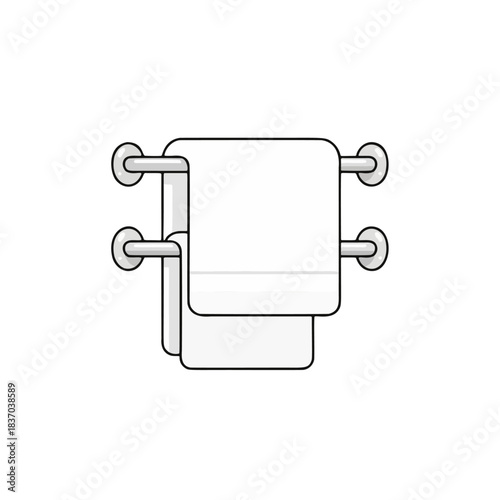 A simple line art illustration of two white towels hanging on a rack. Great for bathroom, hotel, spa, hygiene, and cleaning related projects.	