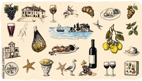 Tuscan sketches of food, landscapes, and objects on warm paper