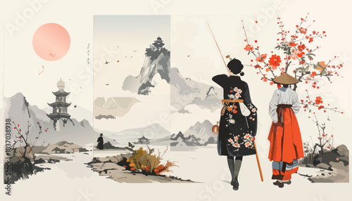 East Asian inspired, two figures with landscapes, stylized