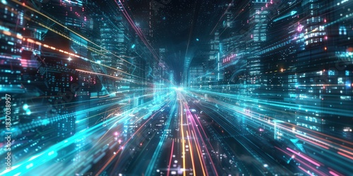 High speed global data transfer and super fast broadband in futuristic tech city at night