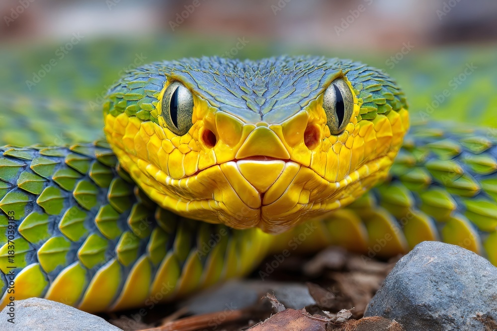 Fototapeta premium Green viper snake close up macro portrait with yellow head