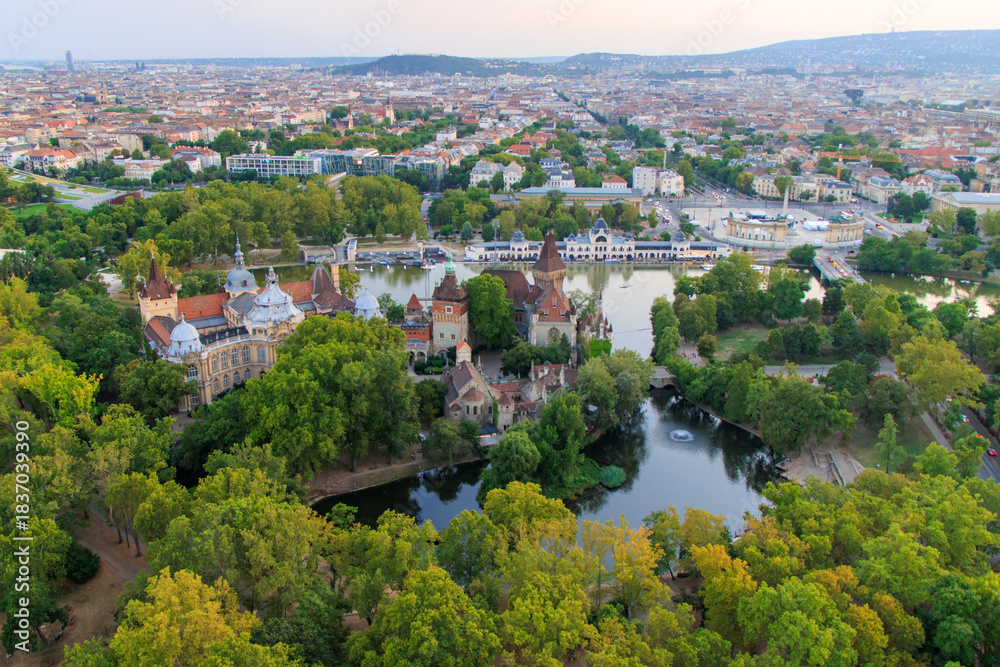 Fototapeta premium Budapest, Hungary. The Vajdahunyad Castle reflected on the lake. Located in the City Park.