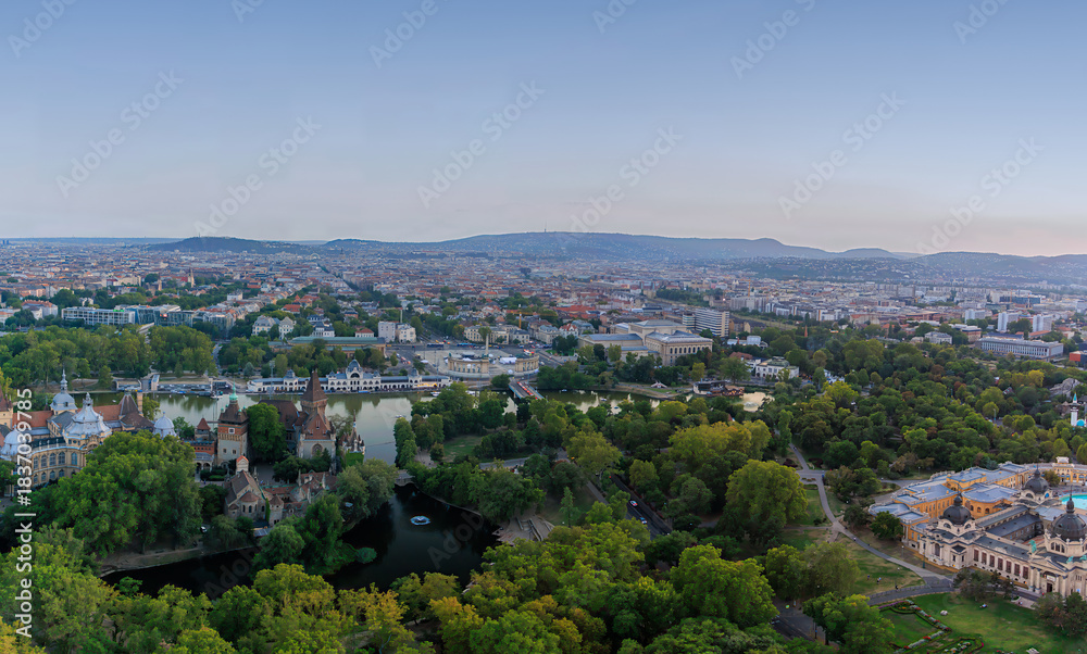 Fototapeta premium Budapest, Hungary. The Vajdahunyad Castle reflected on the lake. Located in the City Park.