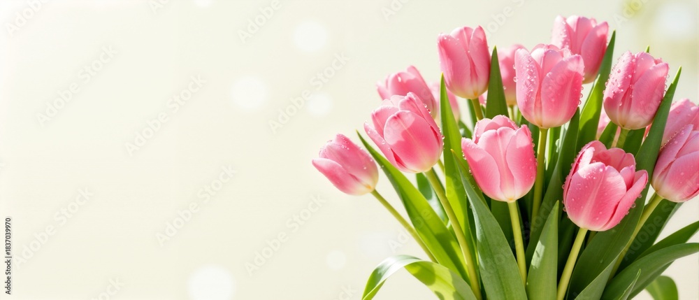 Obraz premium A fresh bouquet of pink tulips with water drops. Spring flowers on a light background with bokeh. Holiday banner with copy space for text