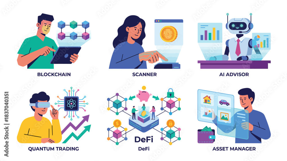 Fototapeta premium Futuristic Technology Concepts Blockchain AI DeFi Quantum Trading VR and Asset Management Digital Innovation Collage