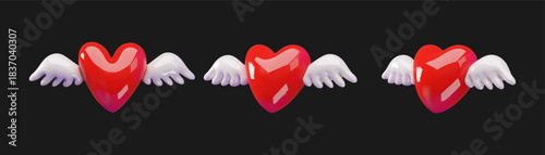 3D vector illustration of a red heart with wings from different angles. Valentine's Day Design Elements