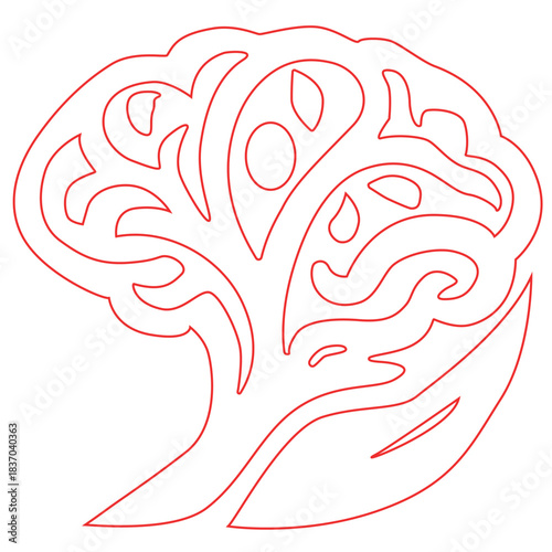 A brain with two halves, one blue and one red, with a glowing light. The brain is split in half, with the blue half on the left and the red half on the right
