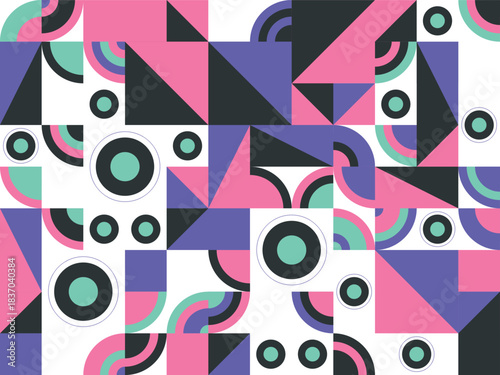 Abstract geometric pattern with vibrant triangles circles and arcs designed in a modern flat style for backgrounds web design and creative branding