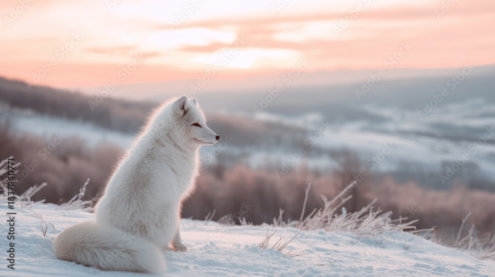 Naklejka premium Arctic fox sitting on snow-covered hill with a beautiful pastel color sunset in the background. Wildlife in natural environment.