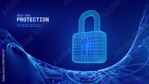 Cyber Security Padlock With Shield, Data Privacy Protection, and Digital Lock Concept on Futuristic Blue Background. Technology and Encryption Theme. Vector Illustration.