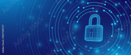 Cyber Security Padlock With Shield, Data Privacy Protection, and Digital Lock Concept on Futuristic Blue Background. Technology and Encryption Theme. Vector Illustration.