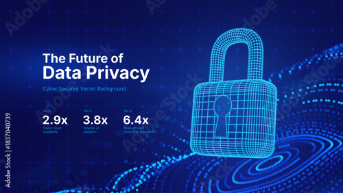 Cyber Security Padlock With Shield, Data Privacy Protection, and Digital Lock Concept on Futuristic Blue Background. Technology and Encryption Theme. Vector Illustration.