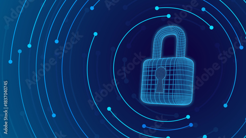 Cyber Security Padlock With Shield, Data Privacy Protection, and Digital Lock Concept on Futuristic Blue Background. Technology and Encryption Theme. Vector Illustration.