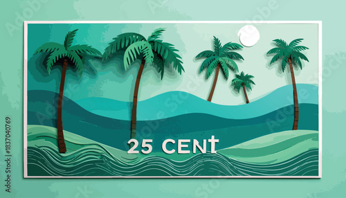 Cutout beach scene with palm trees and text "25 CENT