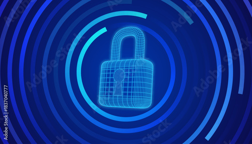 Cyber Security Padlock With Shield, Data Privacy Protection, and Digital Lock Concept on Futuristic Blue Background. Technology and Encryption Theme. Vector Illustration.