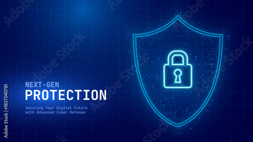 Cyber Security Padlock With Shield, Data Privacy Protection, and Digital Lock Concept on Futuristic Blue Background. Technology and Encryption Theme. Vector Illustration.
