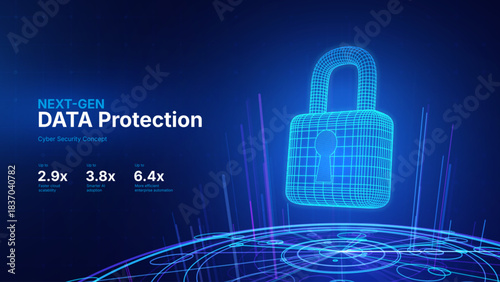 Cyber Security Padlock With Shield, Data Privacy Protection, and Digital Lock Concept on Futuristic Blue Background. Technology and Encryption Theme. Vector Illustration.