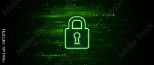 Cybersecurity Lock Symbol With Glowing Green Digital Code Background, Ideal for Data Protection, Hacking, or Encryption Concepts. Futuristic Tech Design. Vector Illustration.