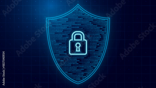 Cyber Security Padlock With Shield, Data Privacy Protection, and Digital Lock Concept on Futuristic Blue Background. Technology and Encryption Theme. Vector Illustration.