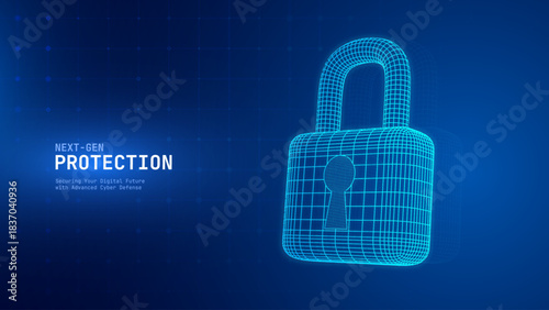 Cyber Security Padlock With Shield, Data Privacy Protection, and Digital Lock Concept on Futuristic Blue Background. Technology and Encryption Theme. Vector Illustration.