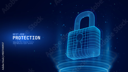 Cyber Security Padlock With Shield, Data Privacy Protection, and Digital Lock Concept on Futuristic Blue Background. Technology and Encryption Theme. Vector Illustration.
