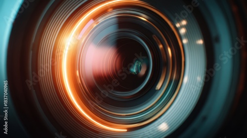 Close-up of professional camera lens with glowing orange light. Modern technology for photography and videography production. Motion blur effect for visual design.