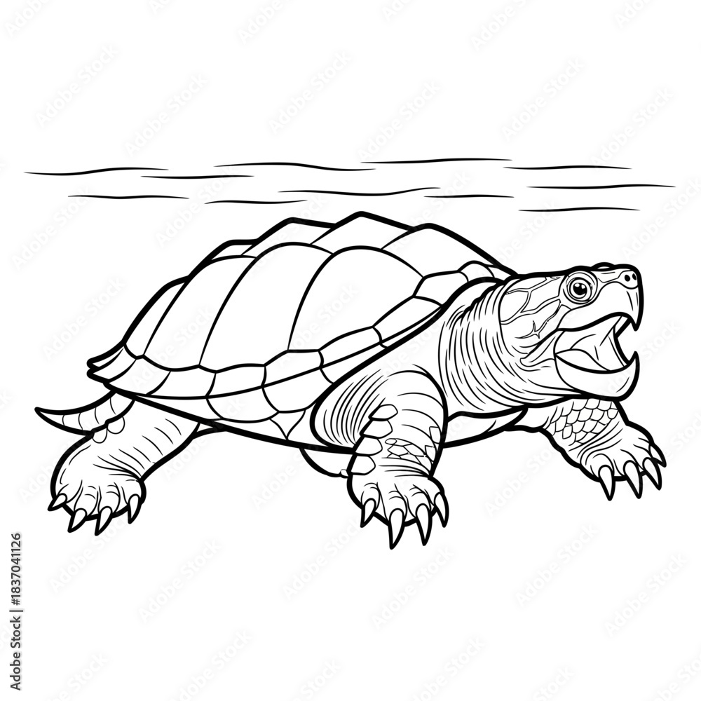 Fototapeta premium A black and white line art illustration of a swimming turtle with its mouth open