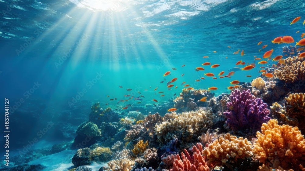 Fototapeta premium Underwater coral reef with vibrant fish and sunrays. Marine ecosystem and ocean habitat for nature conservation and adventure travel.