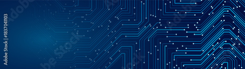 Blue Circuit Board Digital Electronics Background. Artificial Intelligence AI Microchip CPU Technology Backdrop Pattern. Computer Motherboard Vector Illustration.