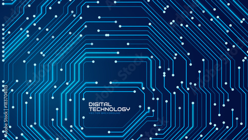 Blue Circuit Board Digital Electronics Background. Artificial Intelligence AI Microchip CPU Technology Backdrop Pattern. Computer Motherboard Vector Illustration.